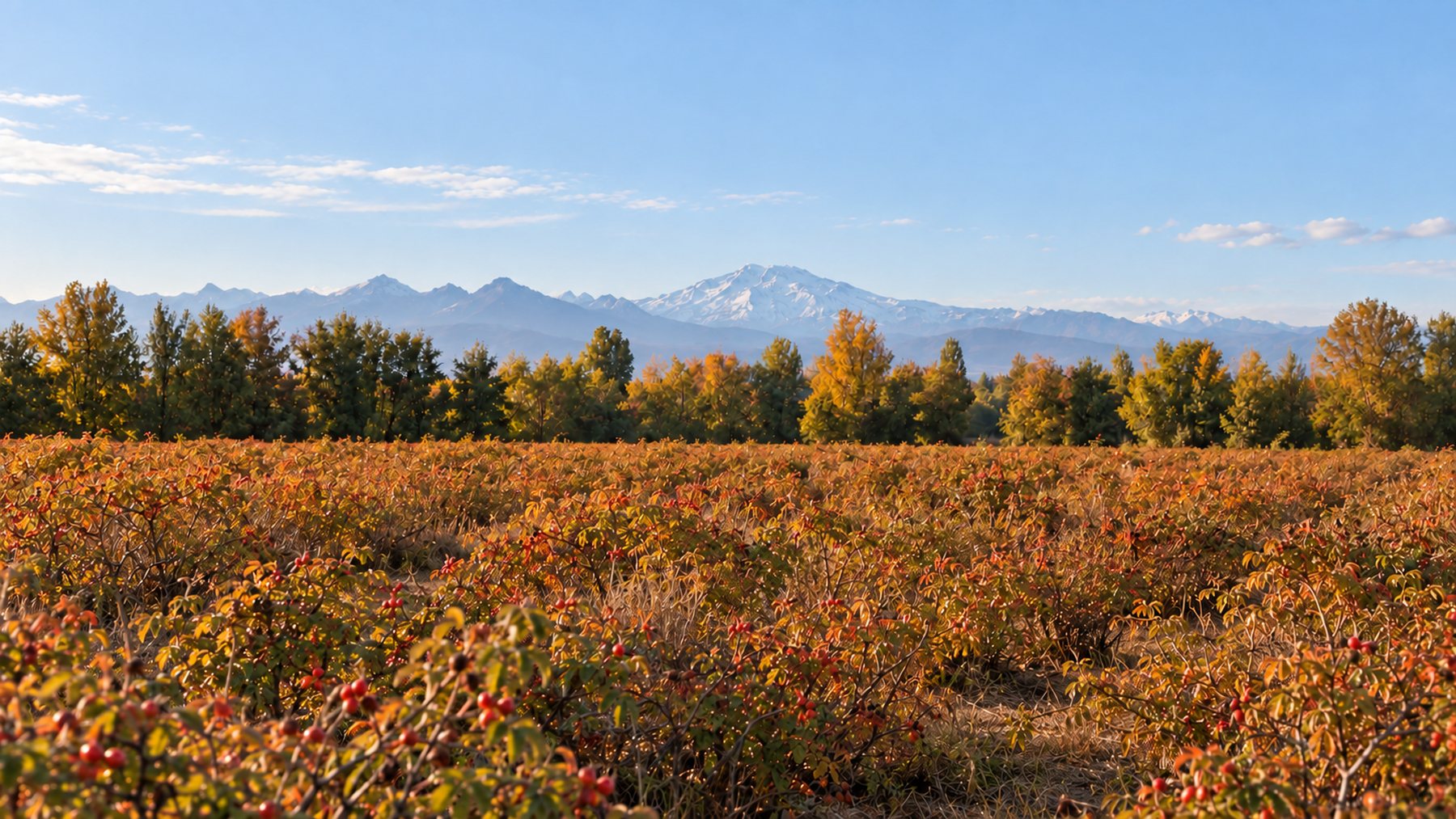 A certified organic AP-4® rosehip plantation in Southern Chile, with the snow-capped Andes visible on the horizon
