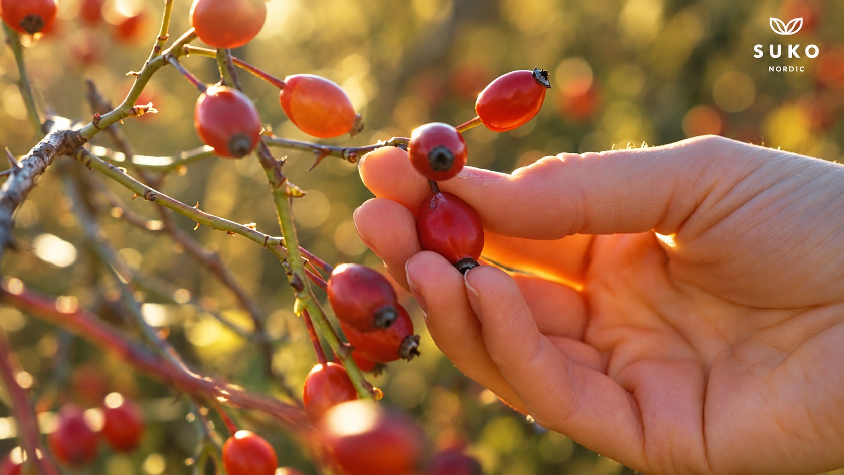 A hand picking ripe AP-4® rosehips from the branch at golden hour on the plantation in Southern Chile