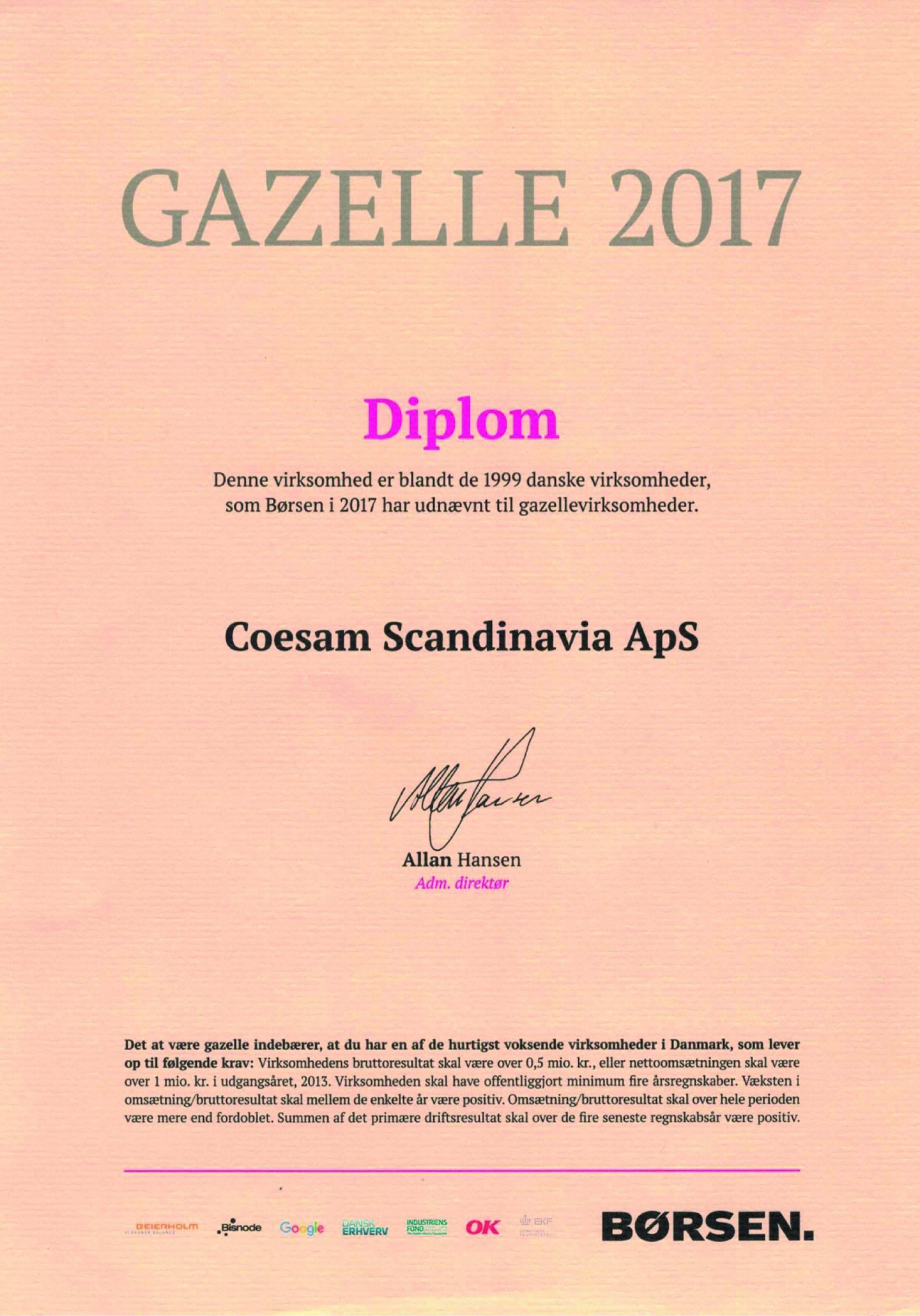 Børsen Gazelle 2017 award diploma