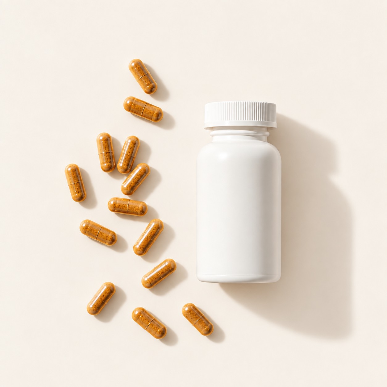 Loose AP-4® rosehip capsules scattered beside an unbranded white supplement bottle on a natural cream background