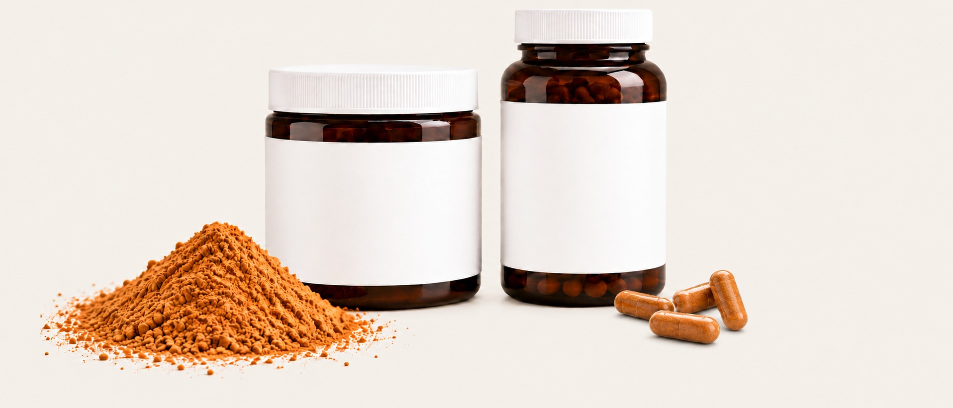 Two unbranded AP-4&reg; rosehip product jars with blank white labels, a mound of fine rosehip powder and loose vegan capsules, on a cream studio background