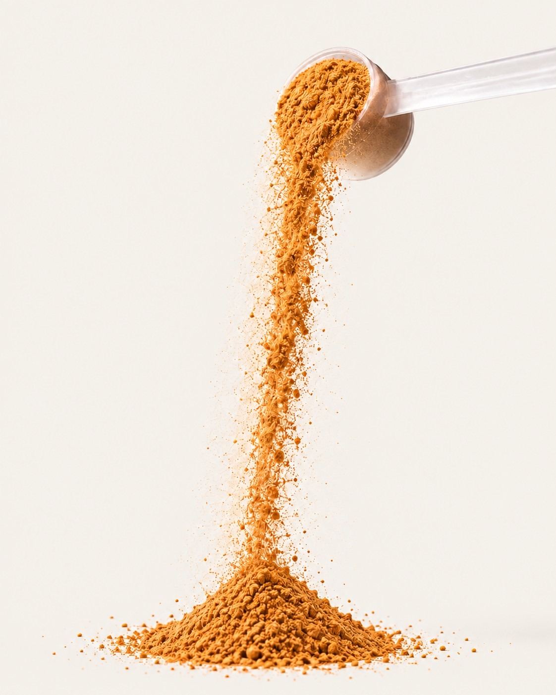 AP-4® rosehip powder poured from a scoop into a tall cascading stream, forming a mound below