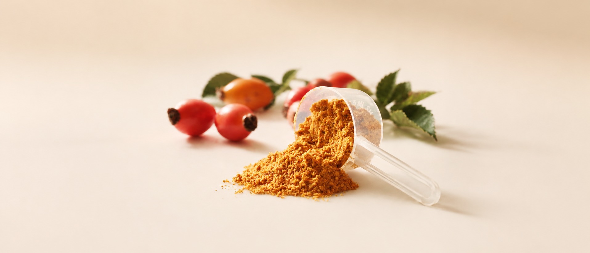 AP-4® rosehip powder scoop with fresh rosehip berries and leaf