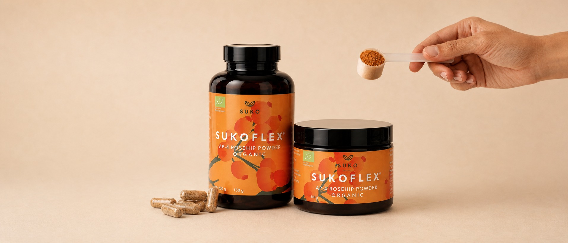 SUKOFLEX® AP-4® rosehip powder bottle and jar with capsules and scoop of powder