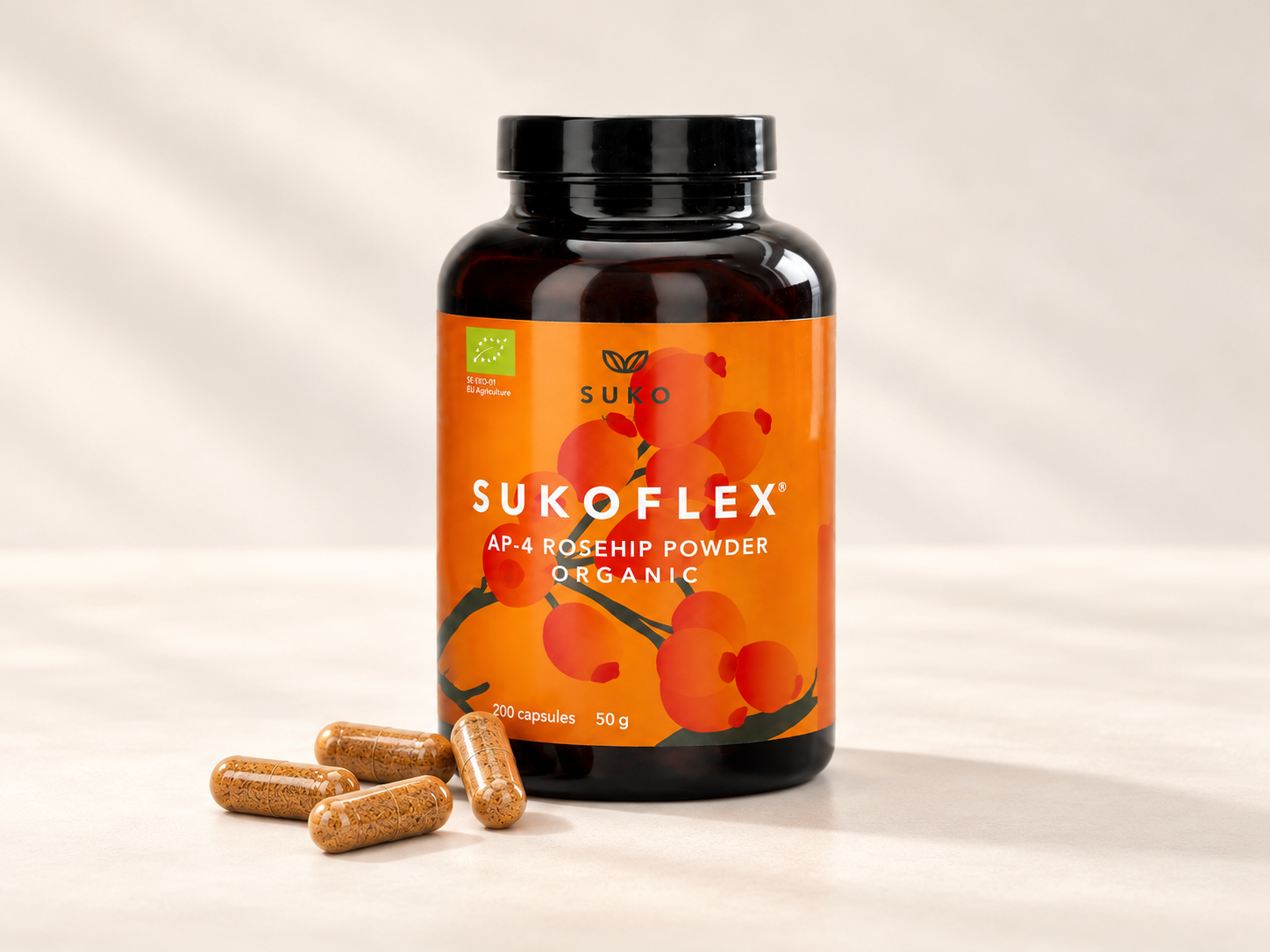 SUKOFLEX® AP-4® rosehip vegan capsules bottle with a natural cluster of loose capsules