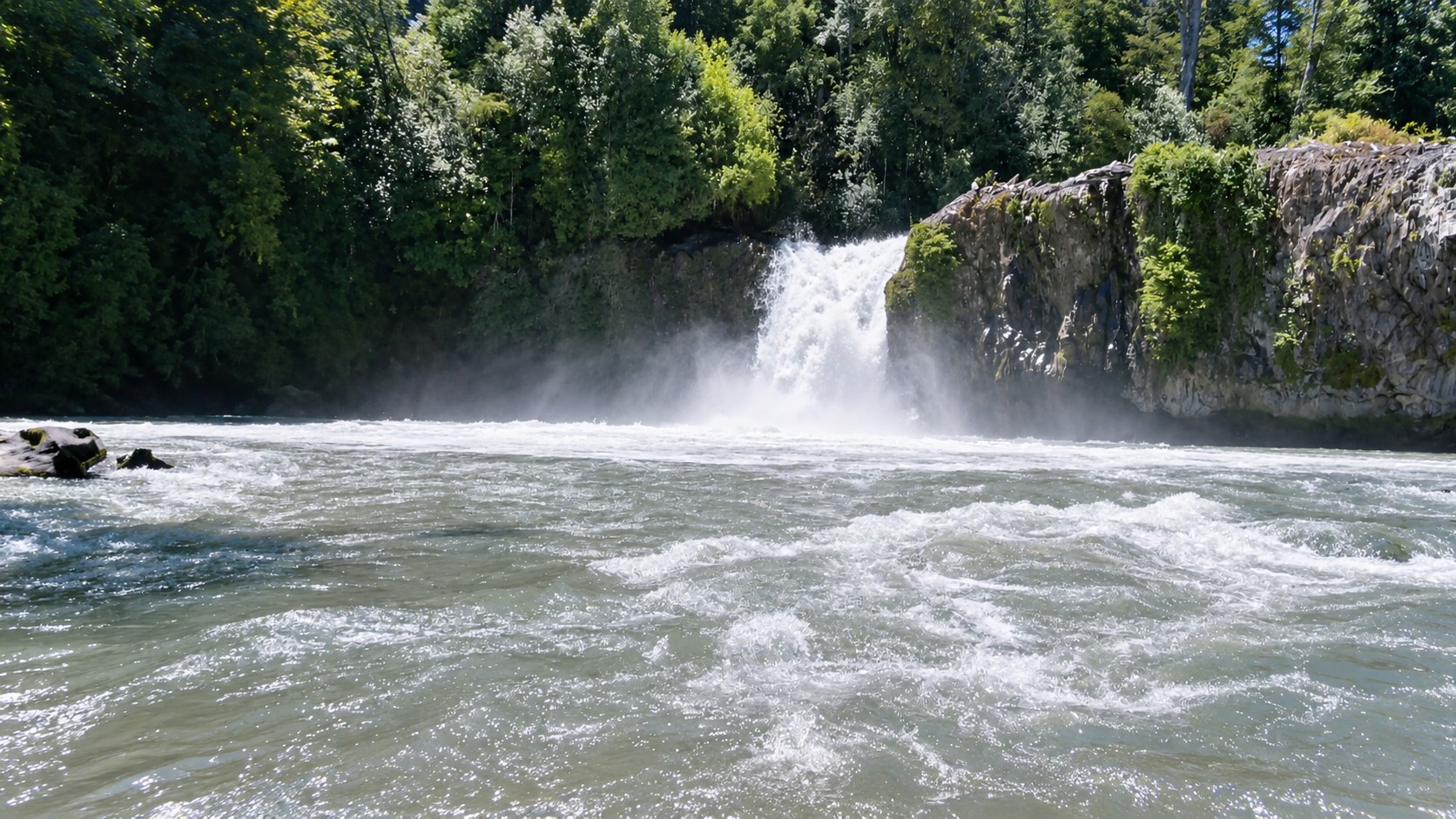 A waterfall cascading through Southern Chile's forested foothills